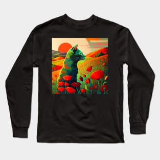Cat Watching Sunset in a Field of Flowers Long Sleeve T-Shirt